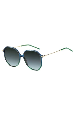 Tubular-temple sunglasses with blue-green frames