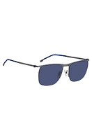 Steel sunglasses with blue lenses and sleeves