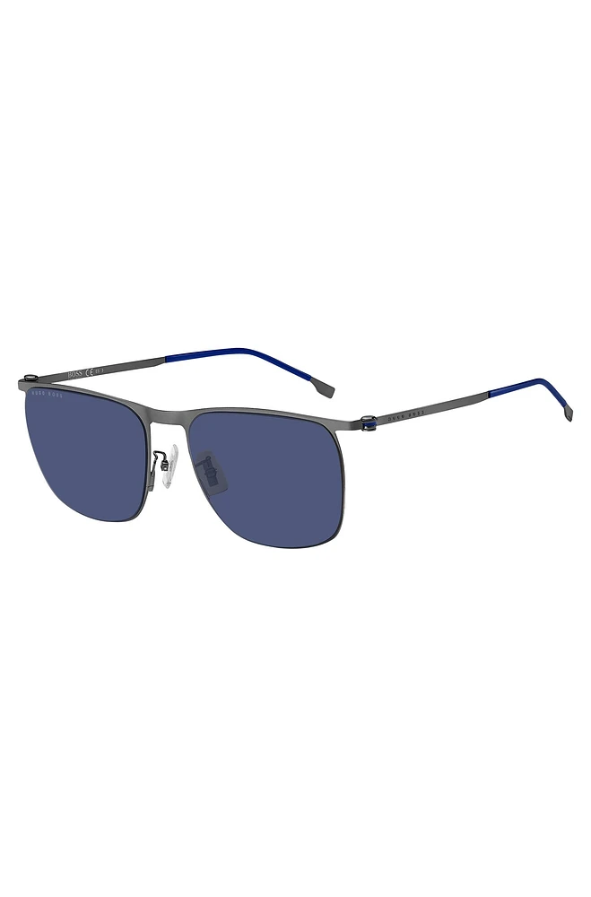 Steel sunglasses with blue lenses and sleeves