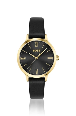 Leather-strap watch with brushed black dial