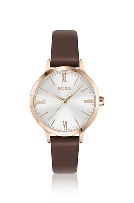 Leather-strap watch with silver-white dial