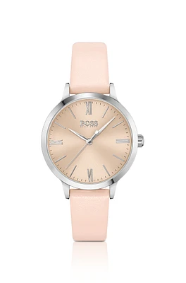 Leather-strap watch with gold-tone brushed dial