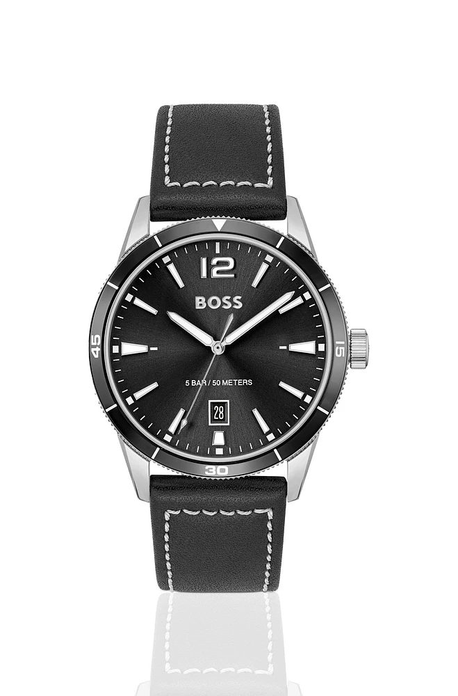 Leather-strap watch with black dial