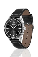 Leather-strap watch with black dial