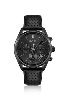 Black-plated chronograph watch with perforated leather strap