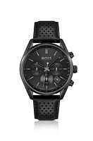 Black-plated chronograph watch with perforated leather strap