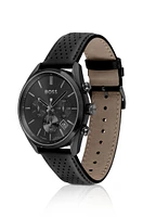 Black-plated chronograph watch with perforated leather strap