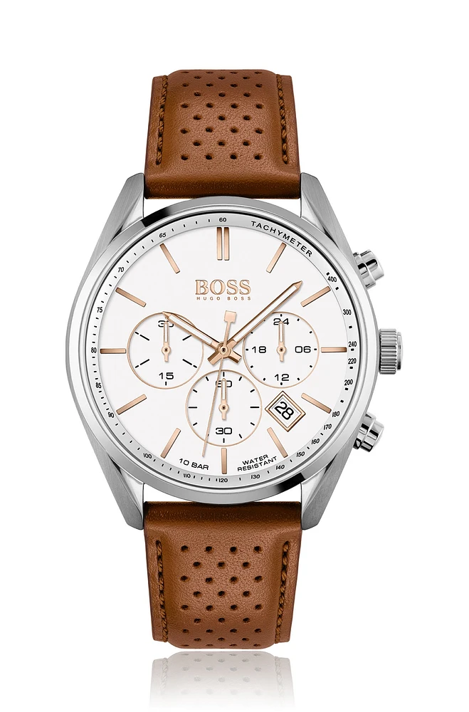 White-dial chronograph watch with perforated leather strap