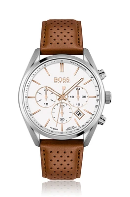 BOSS - White-dial chronograph watch with perforated leather strap