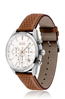 White-dial chronograph watch with perforated leather strap