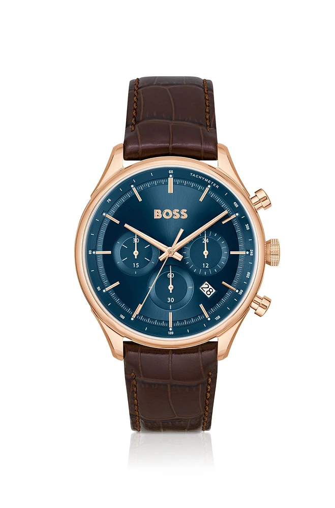 Gold-tone chronograph watch with brown leather strap