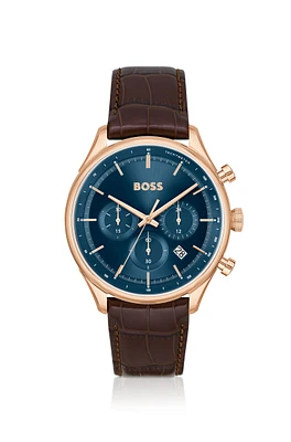 Gold-tone chronograph watch with brown leather strap