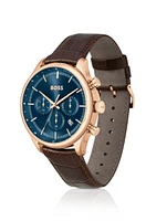 Gold-tone chronograph watch with brown leather strap