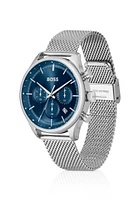 Blue-dial chronograph watch with mesh bracelet