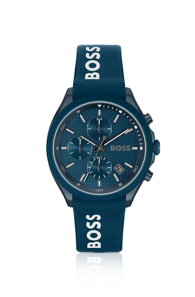 Blue-plated chronograph watch with blue silicone strap