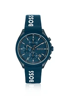 Blue-plated chronograph watch with blue silicone strap