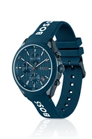 Blue-plated chronograph watch with blue silicone strap