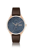 Gold-tone watch with blue dial and leather strap