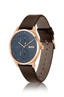 Gold-tone watch with blue dial and leather strap