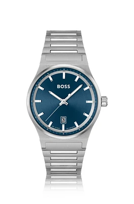 Blue-dial watch with stainless-steel link bracelet