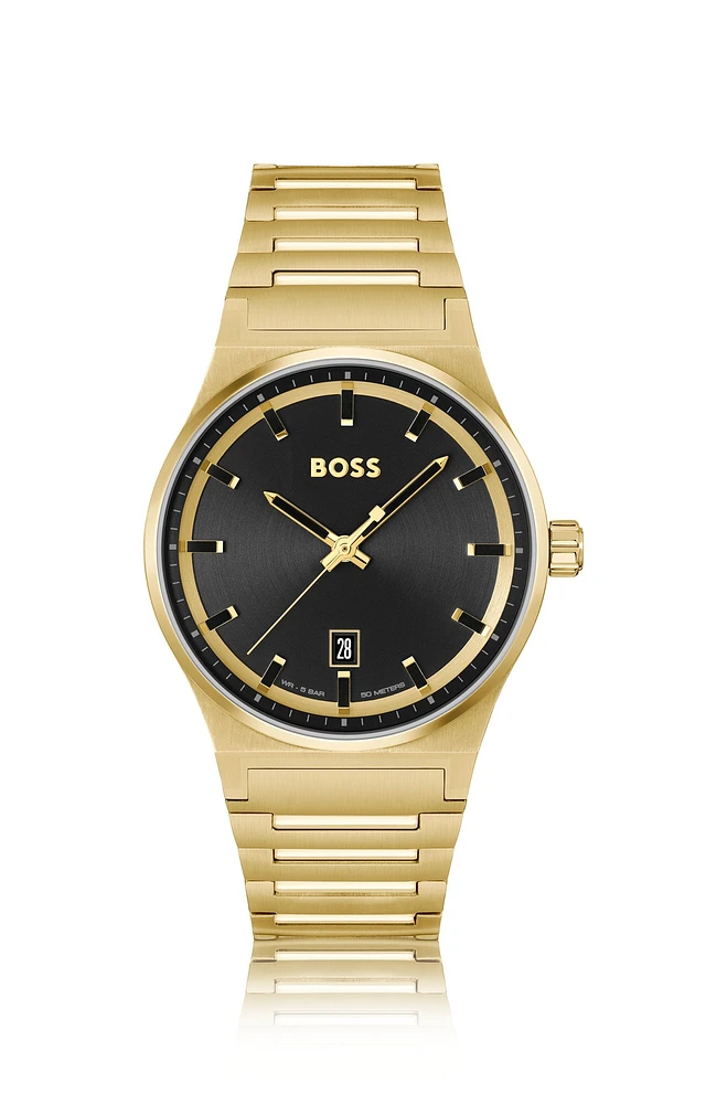 Black-dial watch with gold-tone link bracelet