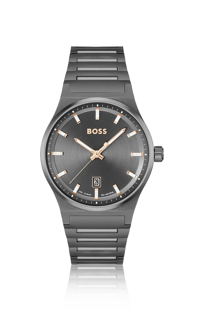 Grey-plated link-bracelet watch with grey dial