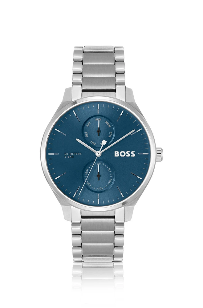 Blue-dial watch with stainless-steel link bracelet