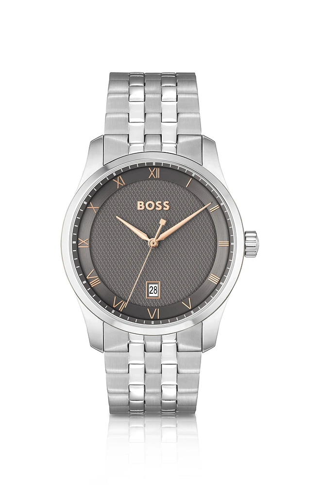 Link-bracelet watch with gray patterned dial