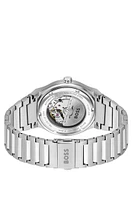 Link-bracelet automatic watch with groove-textured dial