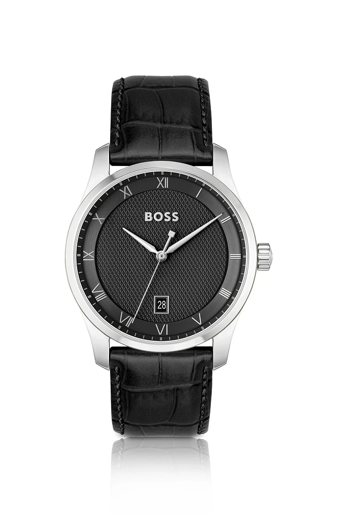 Leather-strap watch with black patterned dial