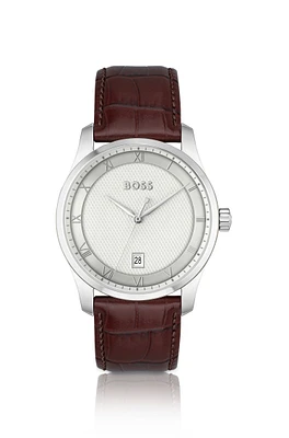 Leather-strap watch with silver-white patterned dial