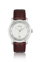 Leather-strap watch with silver-white patterned dial