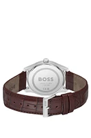 Leather-strap watch with silver-white patterned dial