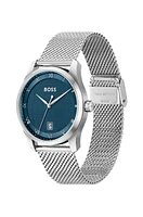 Mesh-bracelet watch with blue patterned dial