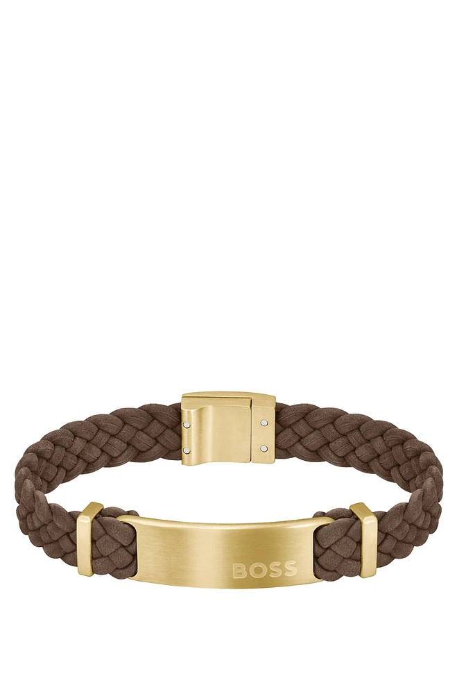 Brown-suede braided cuff with logo plate 