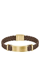 Brown-suede braided cuff with logo plate 