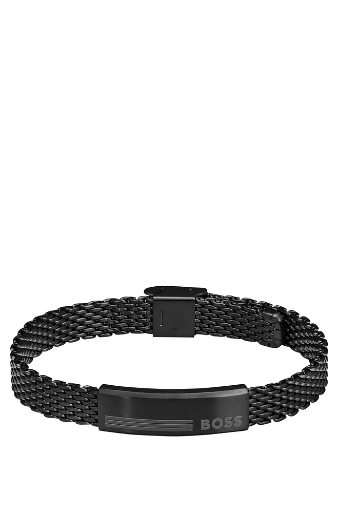 Black-steel mesh cuff with logo plate