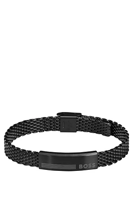 Black-steel mesh cuff with logo plate