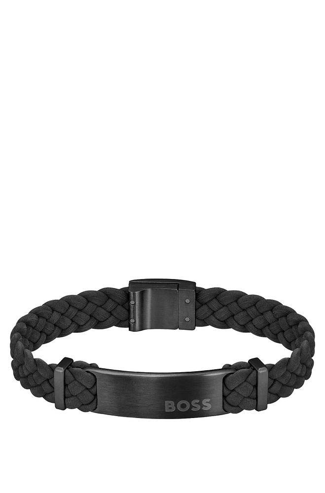 Black-suede braided cuff with logo plate