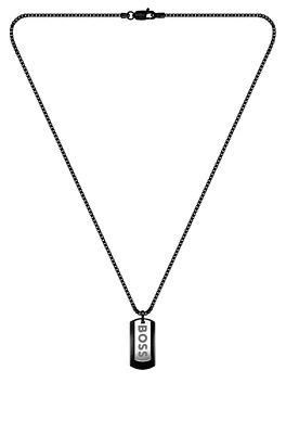 Black-steel necklace with double-tag logo pendant