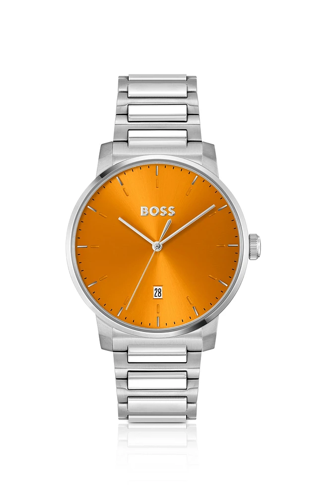 H-link-bracelet watch with brushed orange dial