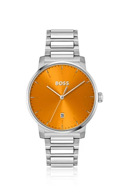 H-link-bracelet watch with brushed orange dial