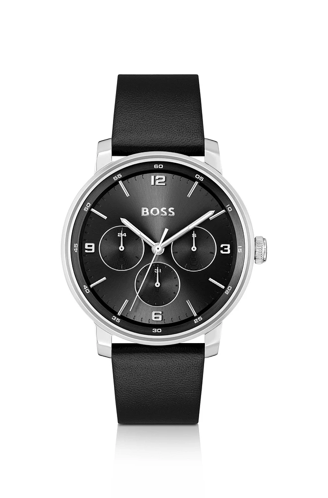 Leather-strap watch with black dial