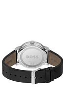 Leather-strap watch with black dial