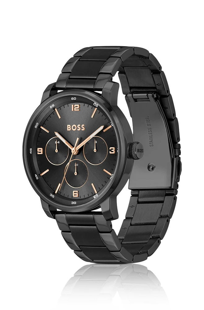 Black link-bracelet watch with tonal dial