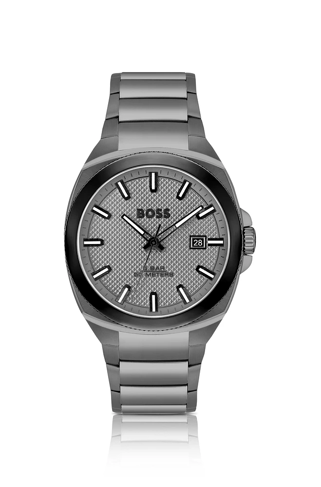 Gray link-bracelet watch with tonal guilloché dial