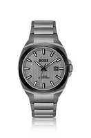 Gray link-bracelet watch with tonal guilloché dial