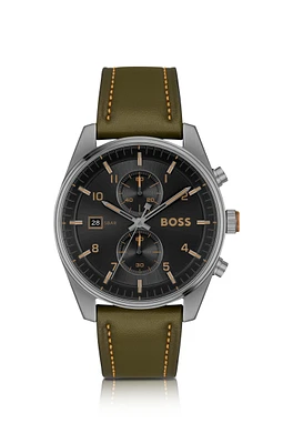 Black-dial chronograph watch with green leather strap