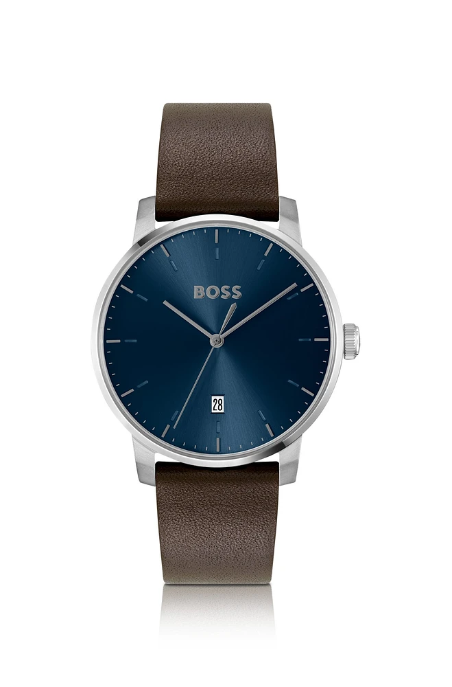 Leather-strap watch with blue dial