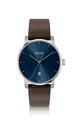 Leather-strap watch with blue dial